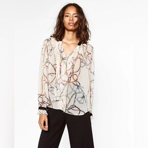 Zara Chiffon Equestrian Belt Chain Print Tie-Neck Blouse